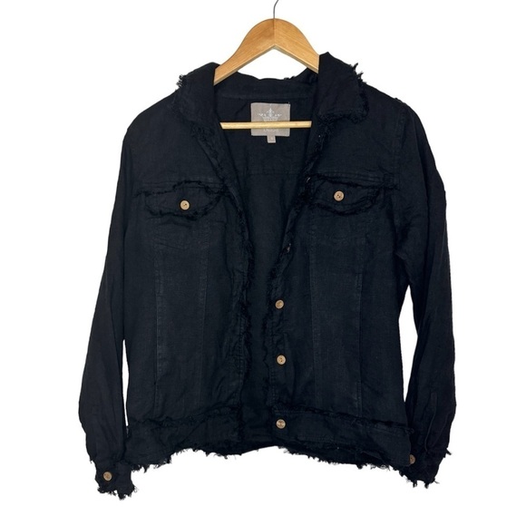 Arte Italica & Crown Linen Black Jessie Linen Lightweight Raw Hem Jacket - Picture 3 of 6